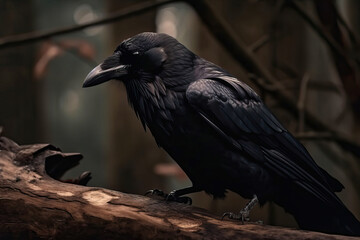 Fototapeta premium raven on a branch,gloomy magical forest on an oak branch a raven is sitting,crow on a tree