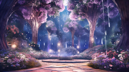 Enchanted fairy forest. Fantasy magical mystic digital painting landscape. AI illustration for background, wallpaper, story and card design, book cover.