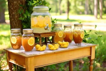 outdoor party drink station with small bottles and homemade peach lemonade. Generative AI	