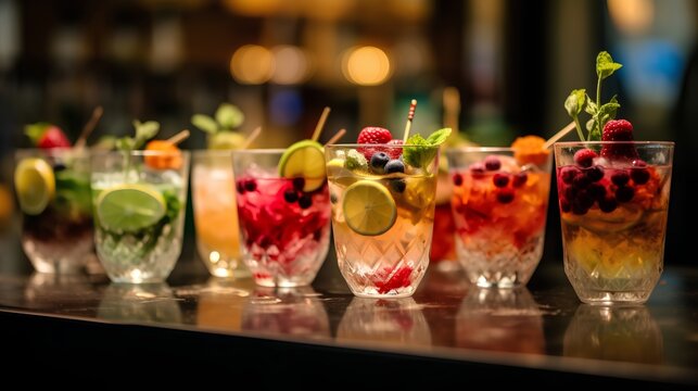 Selection of colorful mocktails. Non-alcoholic beverages, designed to mimic the flavors and presentation of cocktails. Generative AI