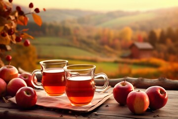 Hot Cup of Apple Cider on a Wooden Table, with a Backdrop of a Window Overlooking an Autumn Landscape. Generative ai