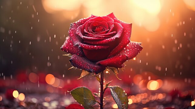 Fototapeta close up big red rose with bokeh light, magic whimsical mood theme, Generative Ai
