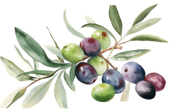 Watercolor illustration of an olive branch with fruits on a white background.