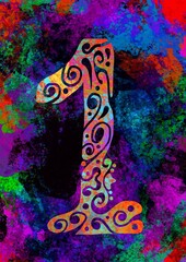 set of digital hand-painted multicolored numbers, with floral decorations, number one