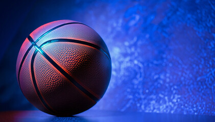 A basketball ball is on a blue background with dark blue lights on it