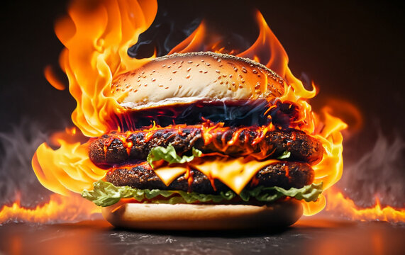 hot and fresh tasty delicious grilled hamburger and fire on it made with ai generated