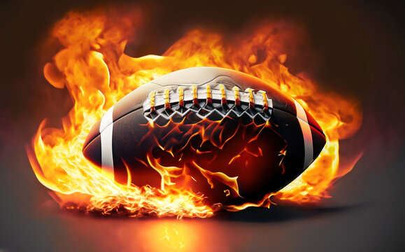 the ball for American football flies in fire on a dark flame background generate ai