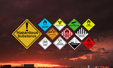 Hazardous Substance or dangerous Warning Sign and red sky background conveys the damage of the...