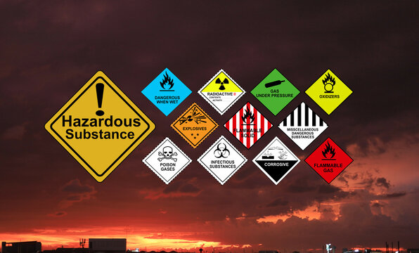 Hazardous Substance or dangerous Warning Sign and red sky background conveys the damage of the environment and the fear of harm to living life.