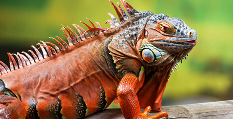 Fototapeta premium Red iguana closeup on wood