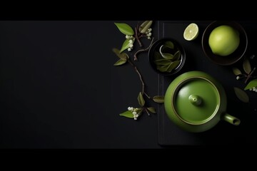 Cup of green tea with Japanese green teapot, with leaves, on dark background, top view, copy space. AI generated