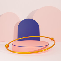 Abstract Background. Podium for premium products display, pink pastel podium with gold ring, pink pastel background. 3d rendering