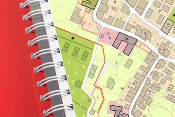 Imaginary General Urban Plan concept - Zoning regulations with zoning districts, urban destinations, land use, buildable areas and land plot concept - obrazy, fototapety, plakaty