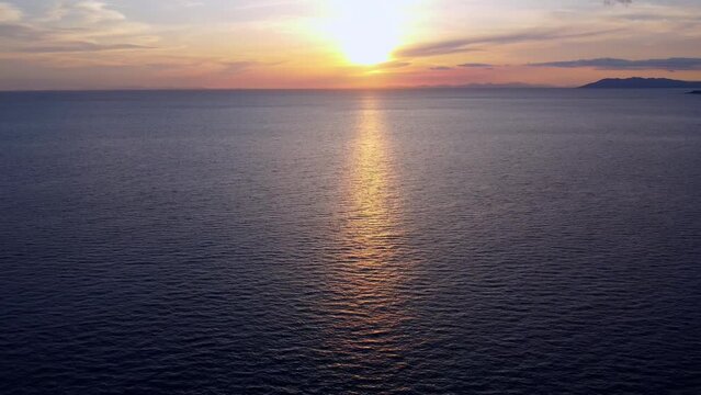 Aerial drone view of a beautiful sunset at the mediterranean sea