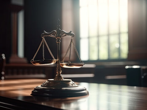 Law concept. Mallet of the judge, books, scales of justice. Gray stone background, reflections on the floor, place for typograph y. Courtroom theme. Generative AI