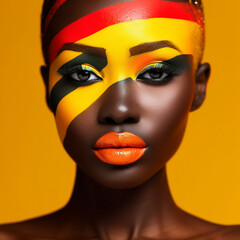 Beautiful african american woman with creative colorful makeup on color background. Profile portrait of an american black girl with vivid face art. Fashion, Beauty, Cosmetics concept. AI generated