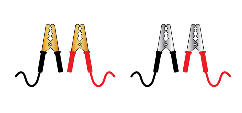 Cartoon jumper cable or jumper lead for car. Booster cable icon. Plus and minus poles. Empty battery and charge the cars. Battery jumper power cables. Jump start vehicle cable. Charging battery sign.