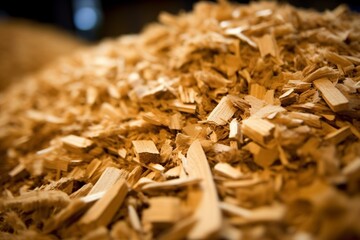 Organic matter, such as wood chips and pellets, stored in a warehouse for biomass energy production, showcasing depth, texture, and soft ambient lighting.