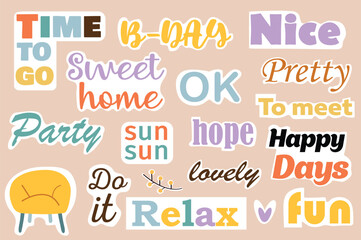 This illustration features a set of cozy-themed flat cartoon stickers and labels with stylish design and cute text. Vector illustration.