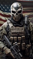 Special Forces Soldier with Skull Face Mask and American Flag. Generative ai