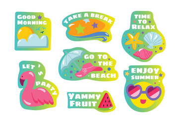 This illustration features a set of flat and cartoon-style summer-themed stickers with colorful designs and labels. Vector illustration.