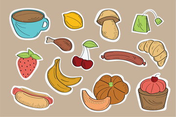 This illustration features a collection of flat, cartoon-style food stickers designed, perfect for use in food-related projects or promotions. Vector illustration.