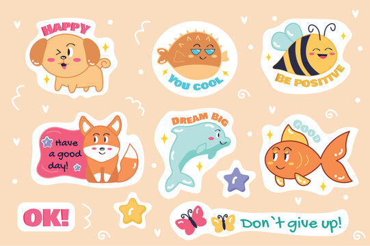 This illustration features a set of cute animal stickers designed in a flat, cartoon style, perfect for adding some fun and personality to any project. Vector illustration.