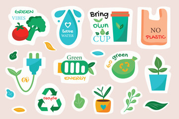 This illustration features flat and cartoon-style eco waste stickers designed with labels to promote environmental awareness. Vector illustration.