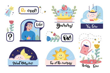 These flat, cartoon-designed stickers with a cute label are perfect for spreading positivity and brightening someone's day with cute and colorful elements. Vector illustration.