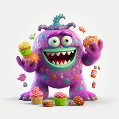 Fototapeta premium Violet funny monster eating sweets on white background