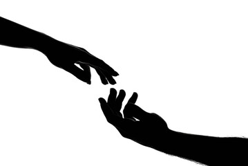 Reaching touching hands. Reach hand. Sensual touch fingers. Two hands trying to touch. Adam sign. Human relation, togetherness. Hands of man and woman reaching to each other. Hand try to touch.