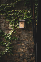 Fototapeta na wymiar bird house on the side of a stone wall