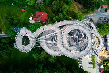 Sky Walk observation tower in Sweradow Zdroj, Poland. Tourist attraction in montains, aerial view....