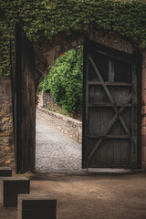 Fototapeta premium old wooden gate in a stone wall