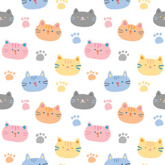 Obraz premium Seamless Pattern with Cartoon Cat Face and Paw Design on White Background