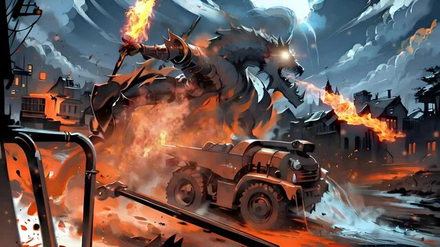Footage Animated, A fearsome Dragon Knight wielding a blazing sword unleashes fiery devastation upon a settlement, engulfing it in flames with every mighty swing