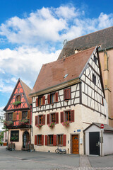 Outdoor cafe in a half-timbered house in the center of Strasbourg. Alsace, France