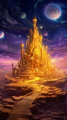 Magical Spiraling Golden Sand Castle Citadel City with Towering Spirals and Cosmic Star-Filled Night Sky. Generative ai