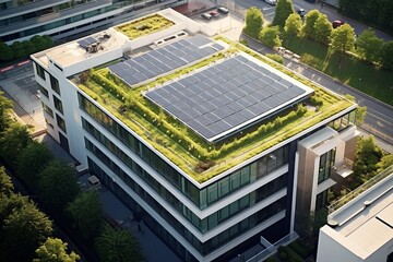 Modern green roof adorned with vibrant plants, complemented by strategically positioned solar panels for energy efficiency, creating a beautiful contrast. - obrazy, fototapety, plakaty