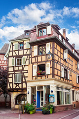 Outdoor cafe in a half-timbered house in the center of Strasbourg. Alsace, France