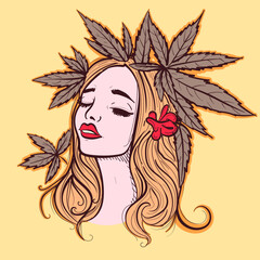 Digital art of a woman avatar with marijuana leaves and flowers around her blonde hair. Vector of a young girl head with floral decorations and cannabis