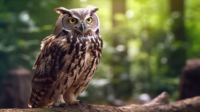 A close up portrait of an owl looking at the camera with trees background. AI Generative Image