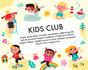 Children playing together. Different children's activities. Boys and girls with colourfull background. Summer kid's activities.
