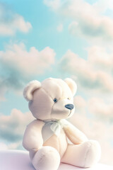 happy baby toy bear sitting on fluffy clouds ,teddy bear in the clouds,teddy bear on sky,teddy bear