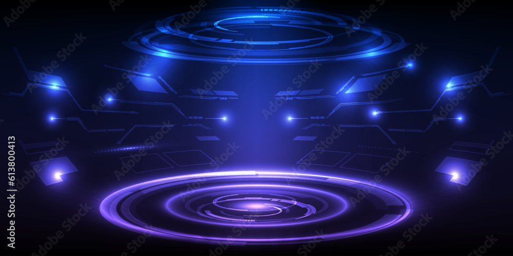 Poster vector illustrations of futuristic stage layout for showcase with digital element around for product