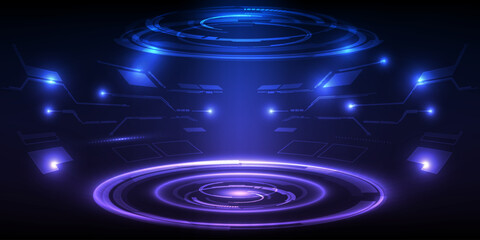 Vector illustrations of futuristic stage layout for showcase with digital element around for product advertising and game artwork.