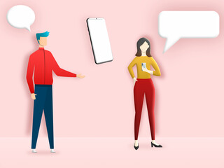 man speak with woman about smartphone. Communication people contact mobile phone with bubble speech. Illustration 3D for content communication male and female conversation, technology network 