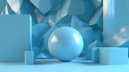 3D abstract Geometry Shapes in technology Light Blue Backgrounds. Soft shadows realistic rendering. Generative AI