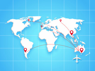 Communication map world with plane and location on isolated blue sky background. meeting points of airports and global communications. Illustration 3D for content community people, online connect.