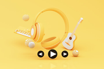 Obraz premium Headphones and smartphone with music notes floating on yellow background surrounded by Speaker with musical instruments. concept of fun song or music festival. 3d render illustration cartoon style